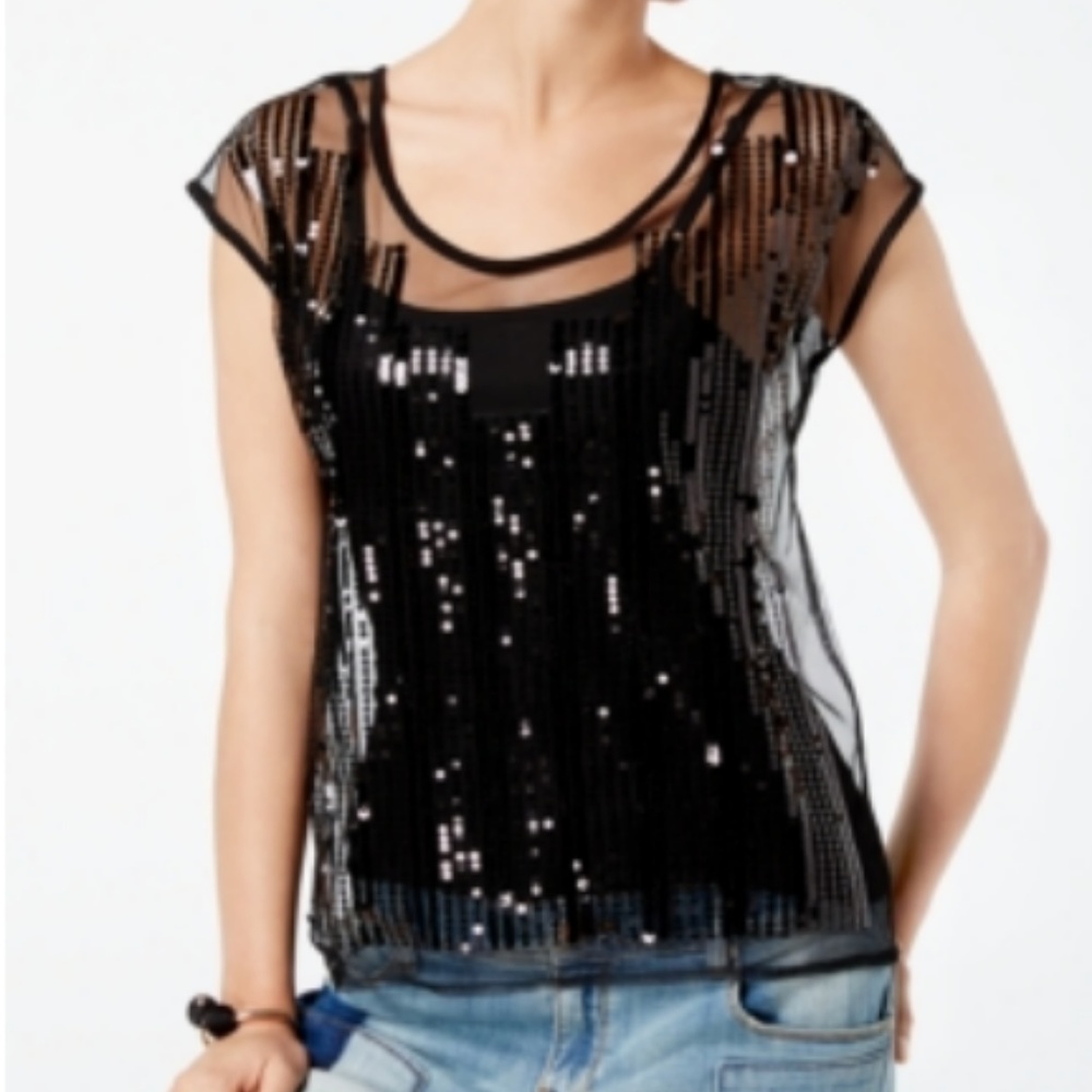 INC Sequin Illusion Top Black